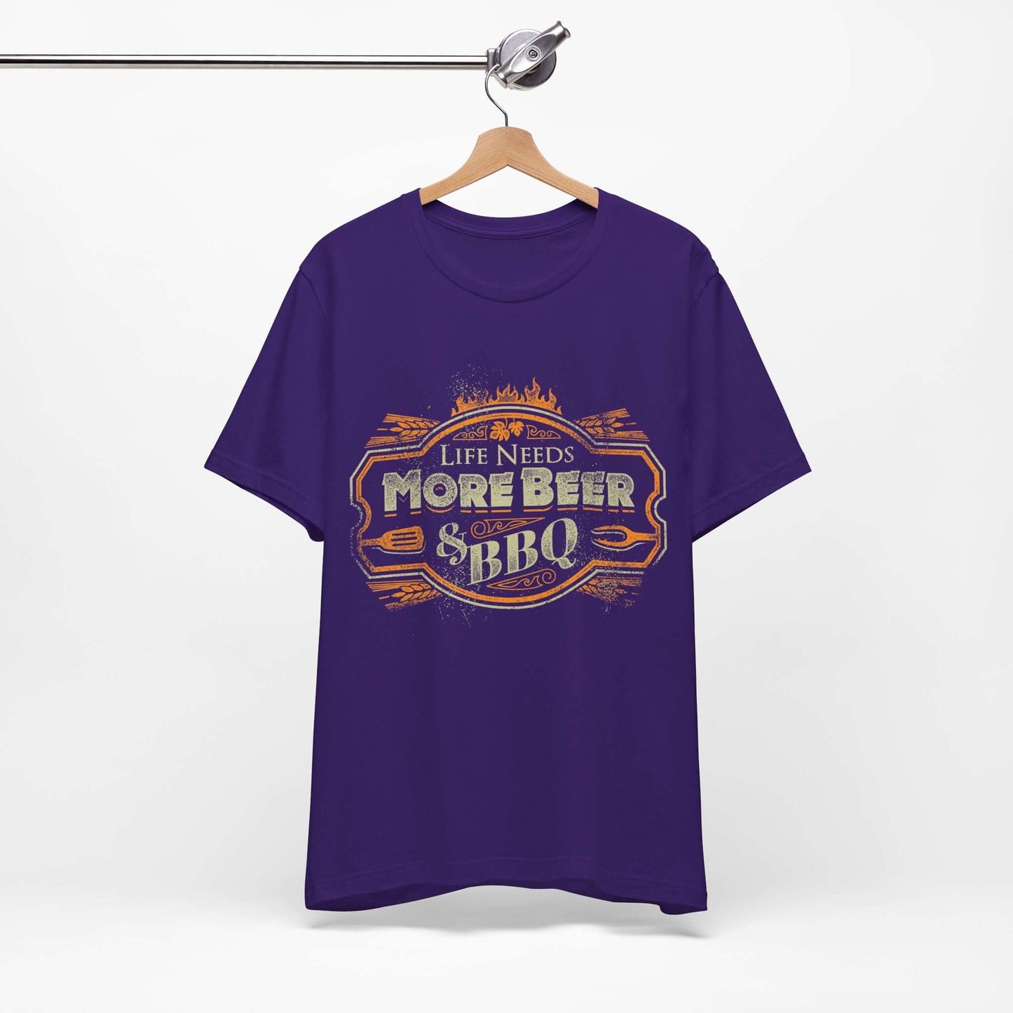 Team purple T-shirt with crew neck and “Life Needs More Beer & BBQ” logo print