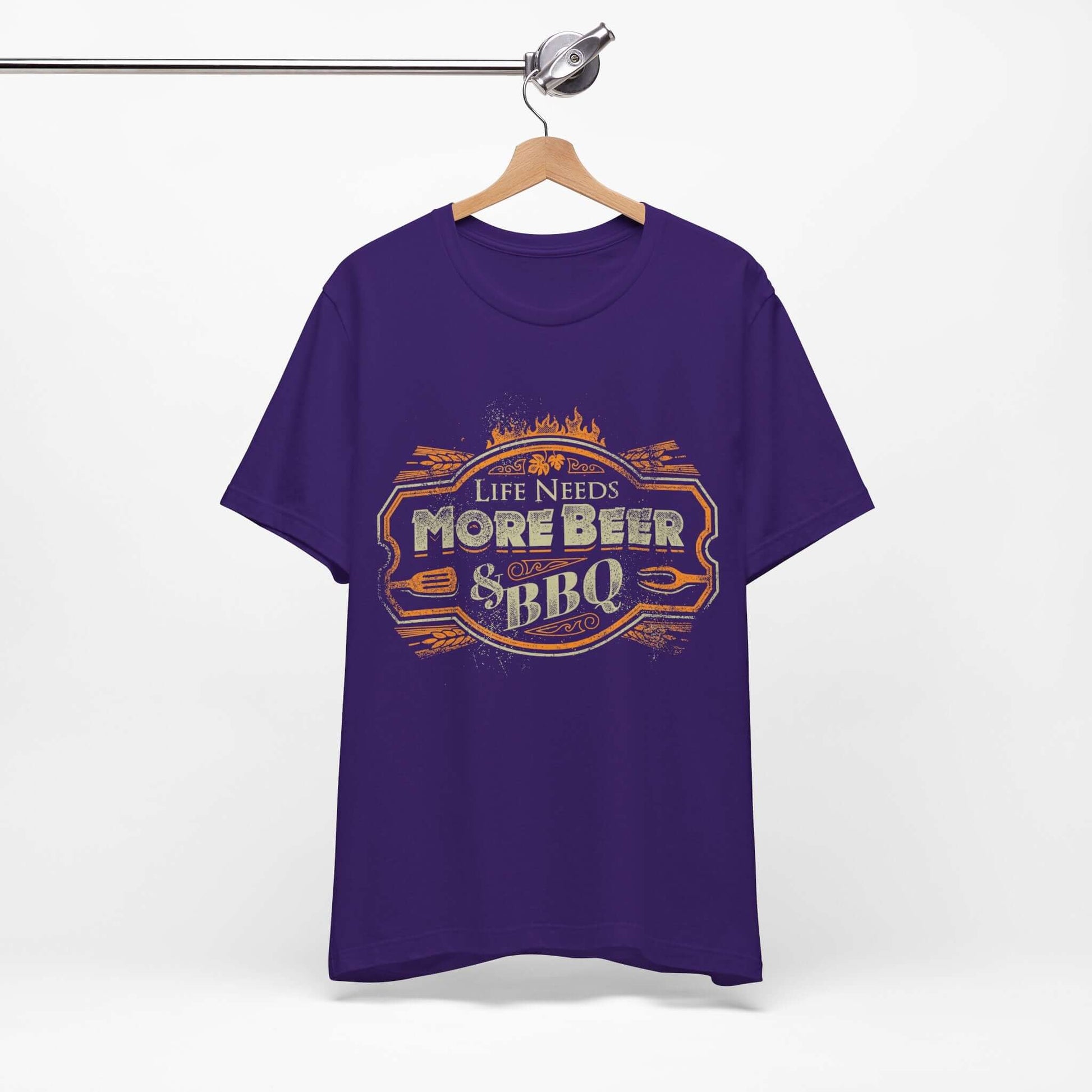 Team purple T-shirt with crew neck and “Life Needs More Beer & BBQ” logo print