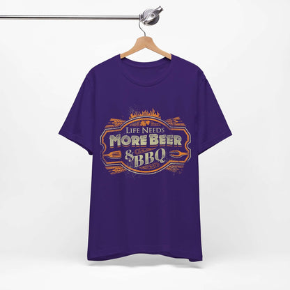 Team purple T-shirt with crew neck and “Life Needs More Beer & BBQ” logo print