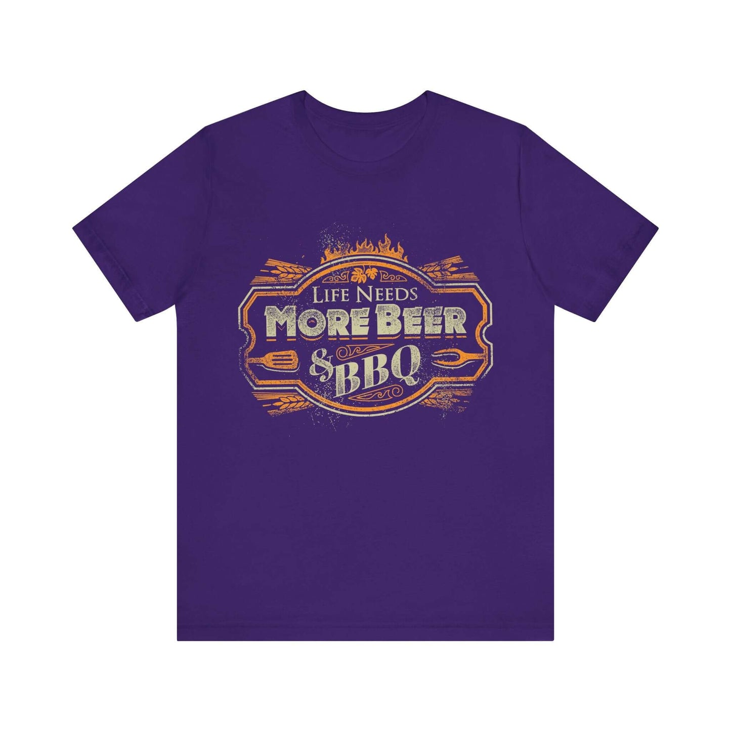Team purple T-shirt with crew neck and “Life Needs More Beer & BBQ” chest graphic