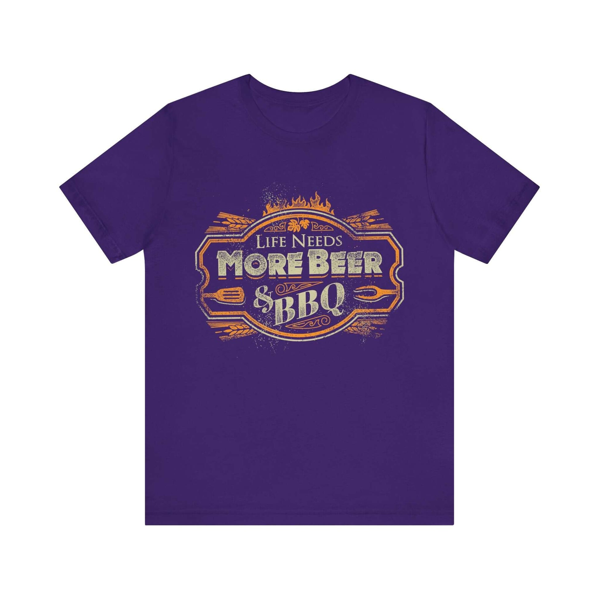 Team purple T-shirt with crew neck and “Life Needs More Beer & BBQ” chest graphic