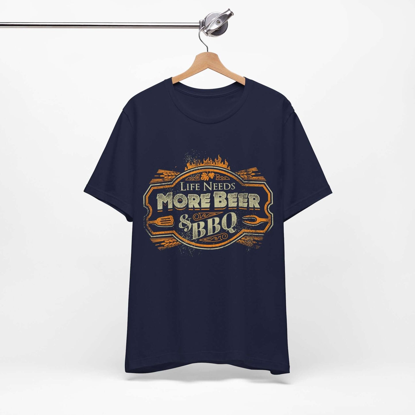 Navy T-shirt with crew neck and “Life Needs More Beer & BBQ” graphic on chest
