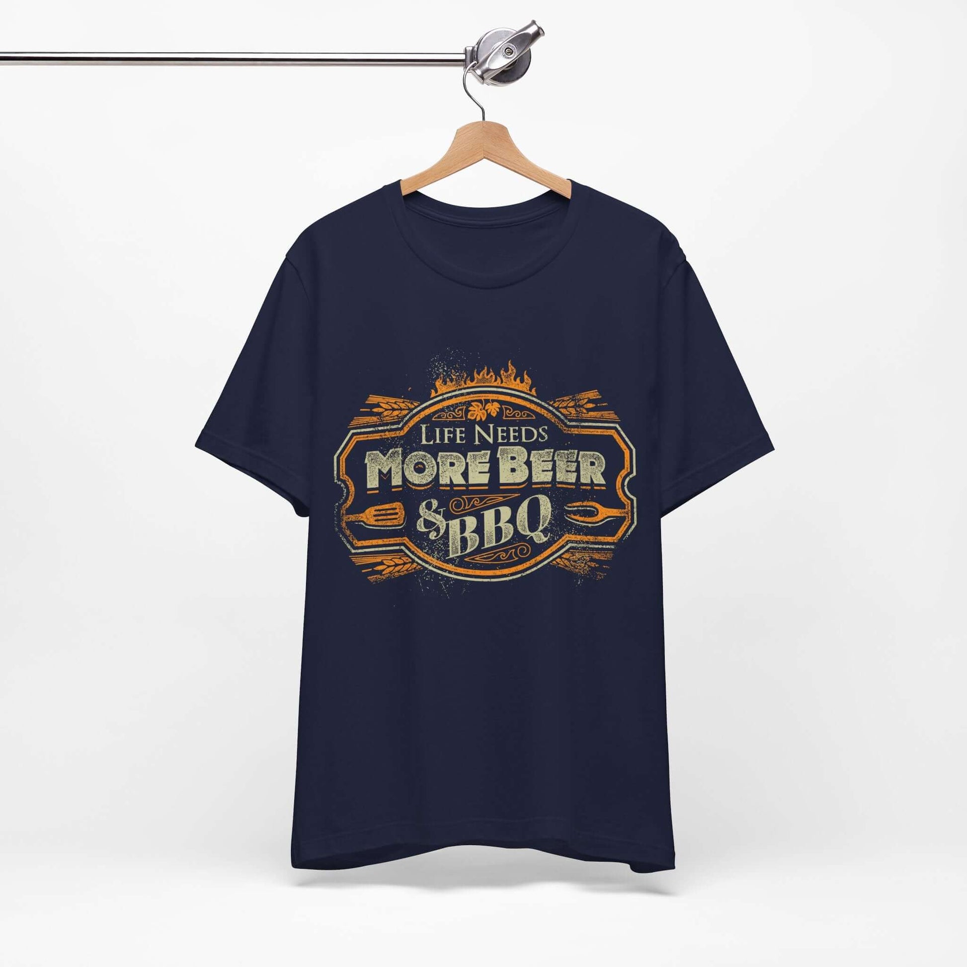 Navy T-shirt with crew neck and “Life Needs More Beer & BBQ” graphic on chest