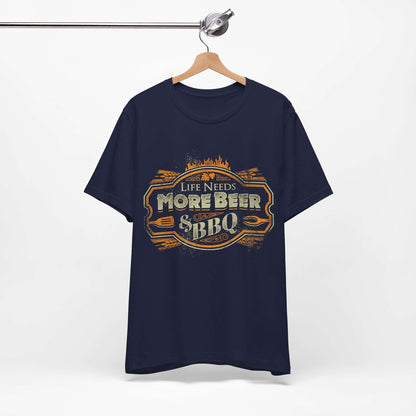 Navy T-shirt with crew neck and “Life Needs More Beer & BBQ” graphic on chest