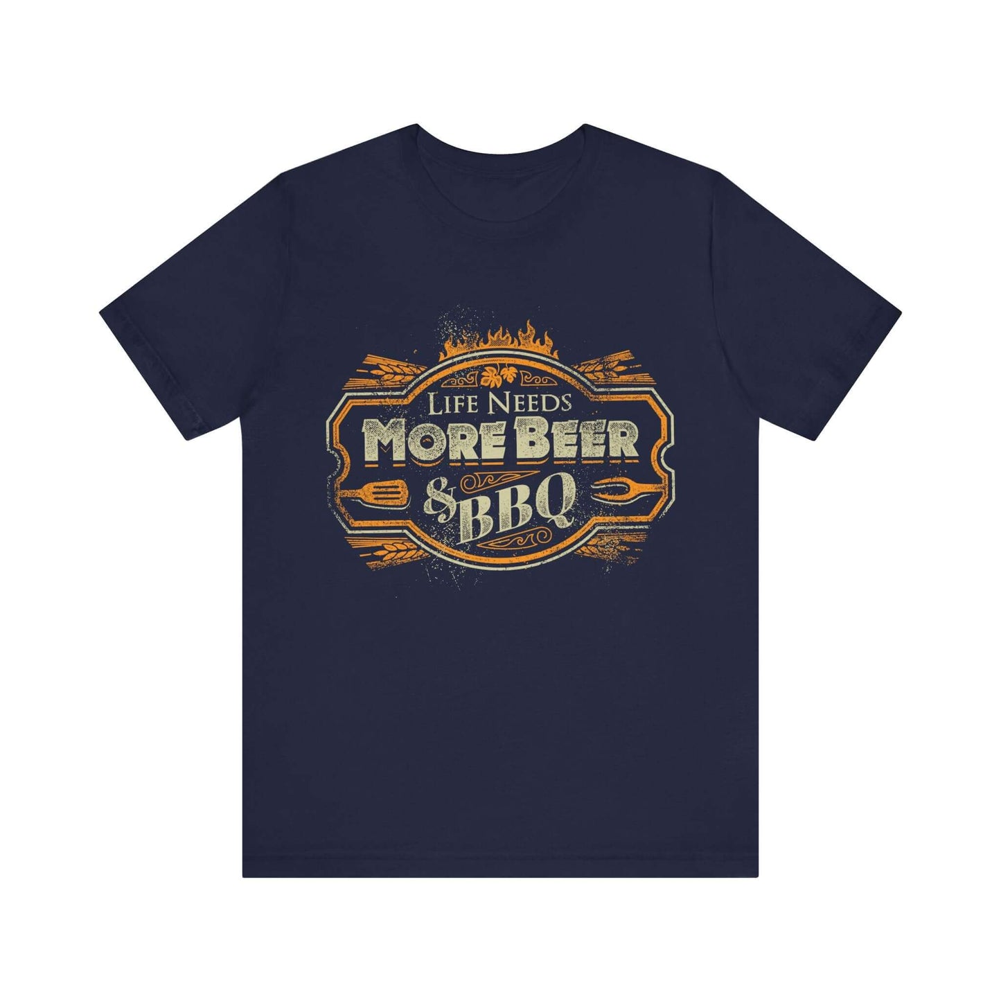 Navy T-shirt with crew neck and “Life Needs More Beer & BBQ” logo graphic