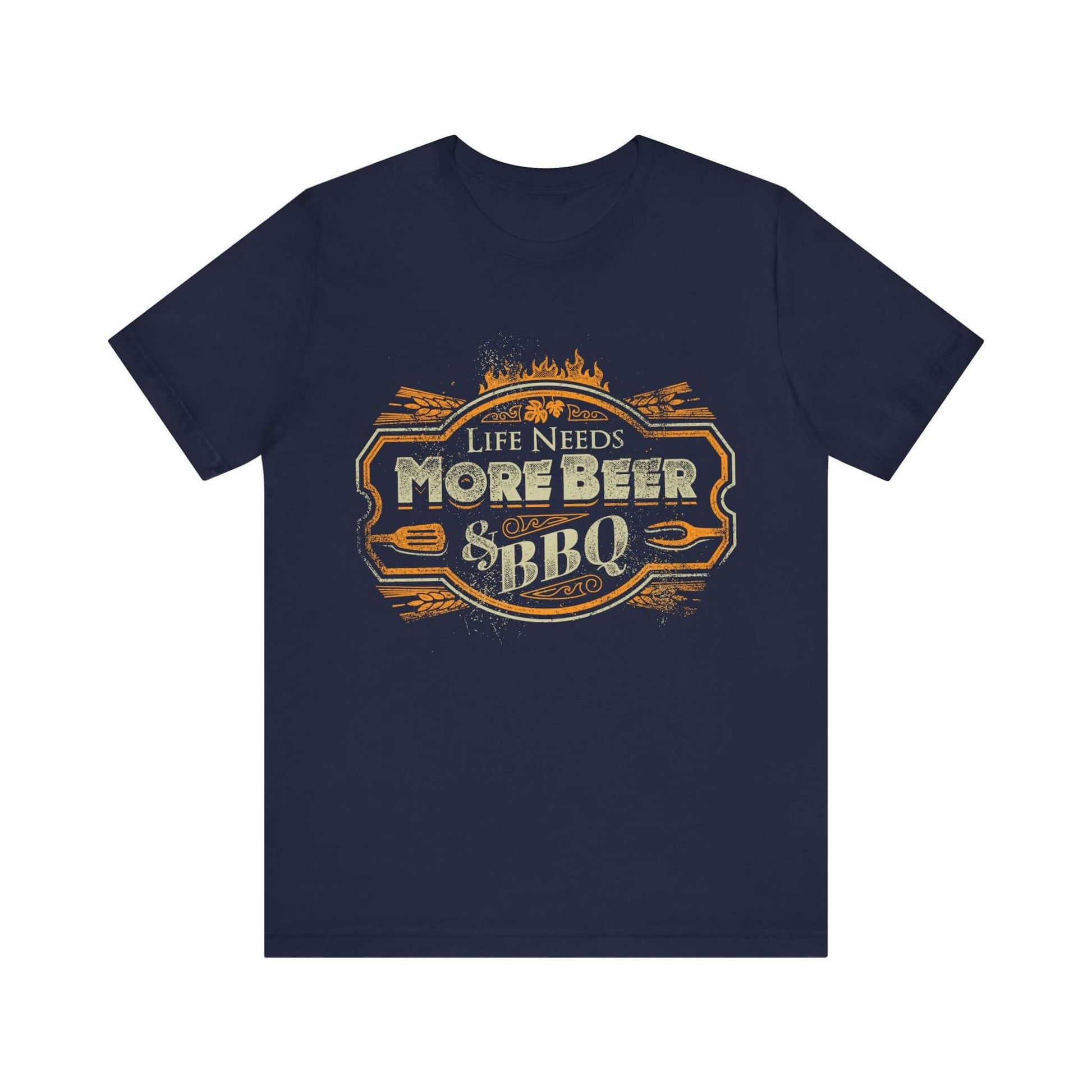 Navy T-shirt with crew neck and “Life Needs More Beer & BBQ” logo graphic