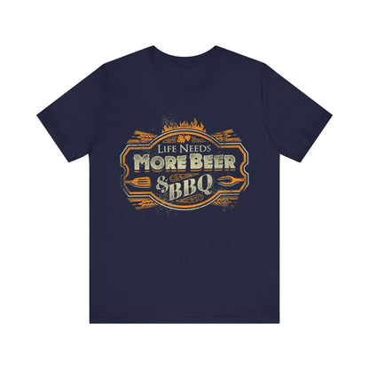 Navy T-shirt with crew neck and “Life Needs More Beer & BBQ” logo graphic
