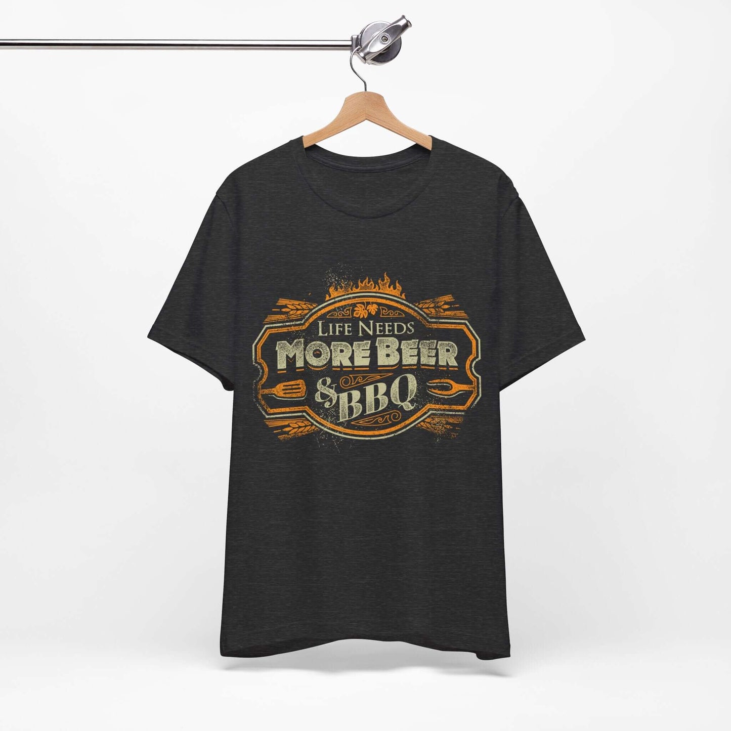 Dark heather T-shirt with crew neck and “Life Needs More Beer & BBQ” chest print