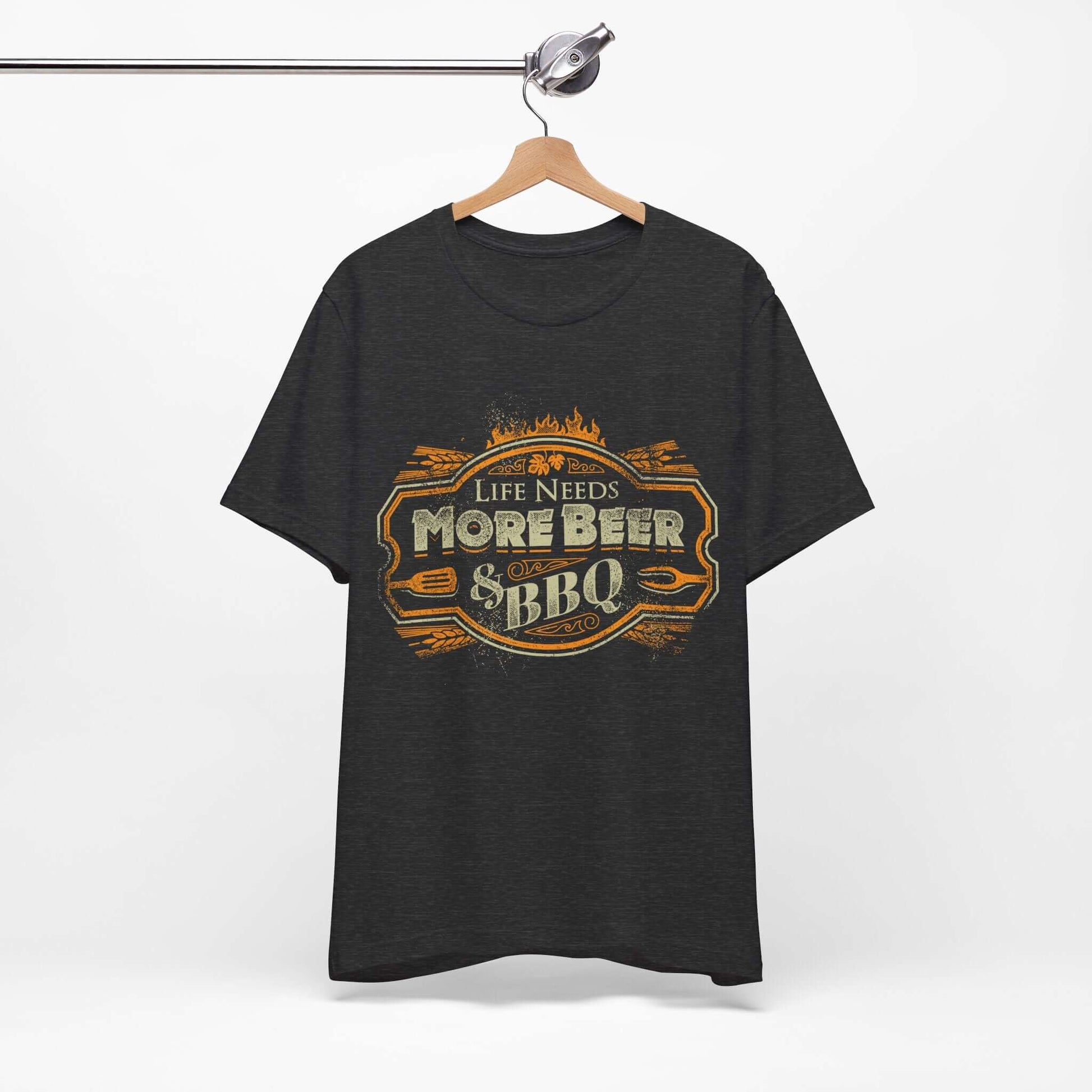Dark heather T-shirt with crew neck and “Life Needs More Beer & BBQ” chest print