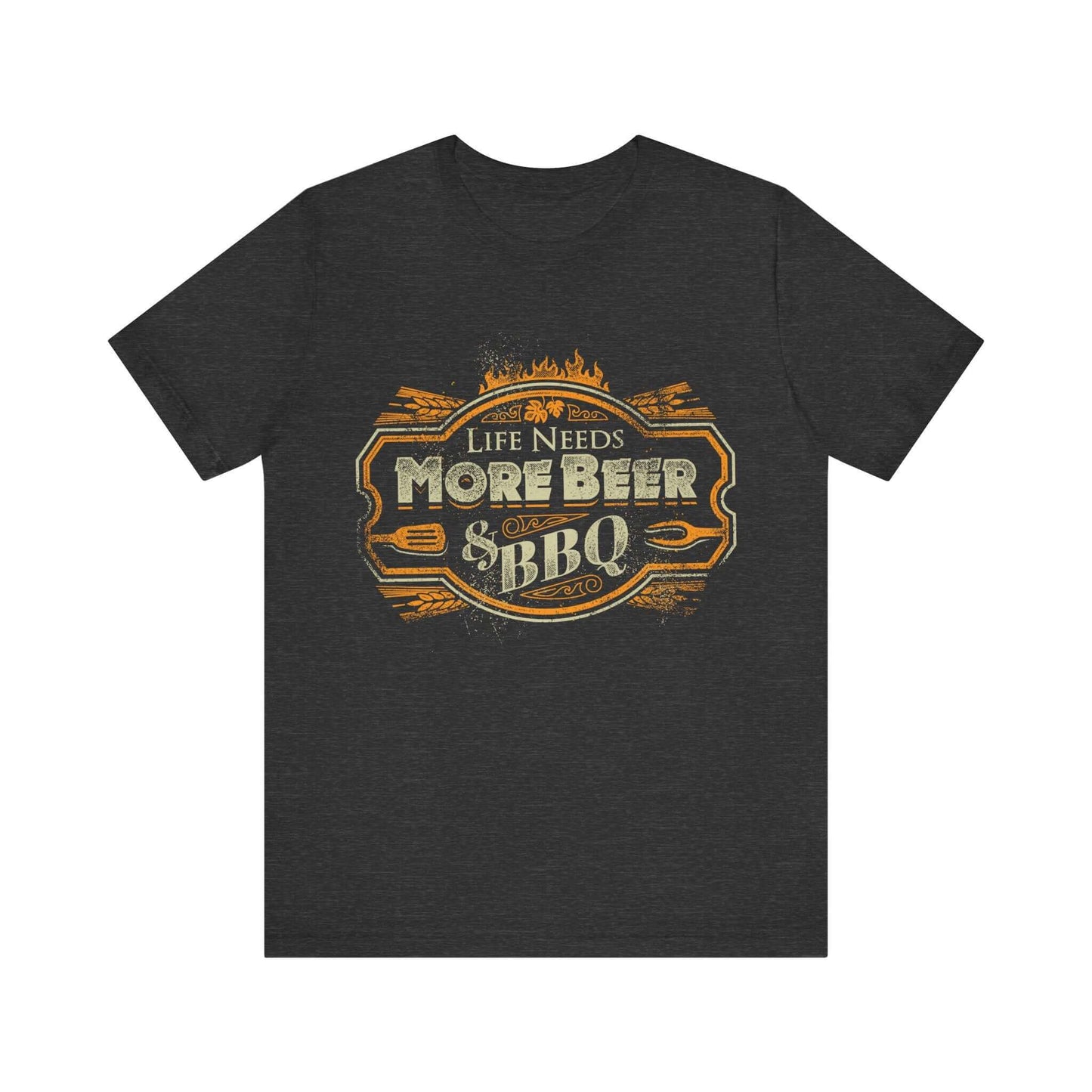 Dark heather T-shirt with crew neck and “Life Needs More Beer & BBQ” logo graphic