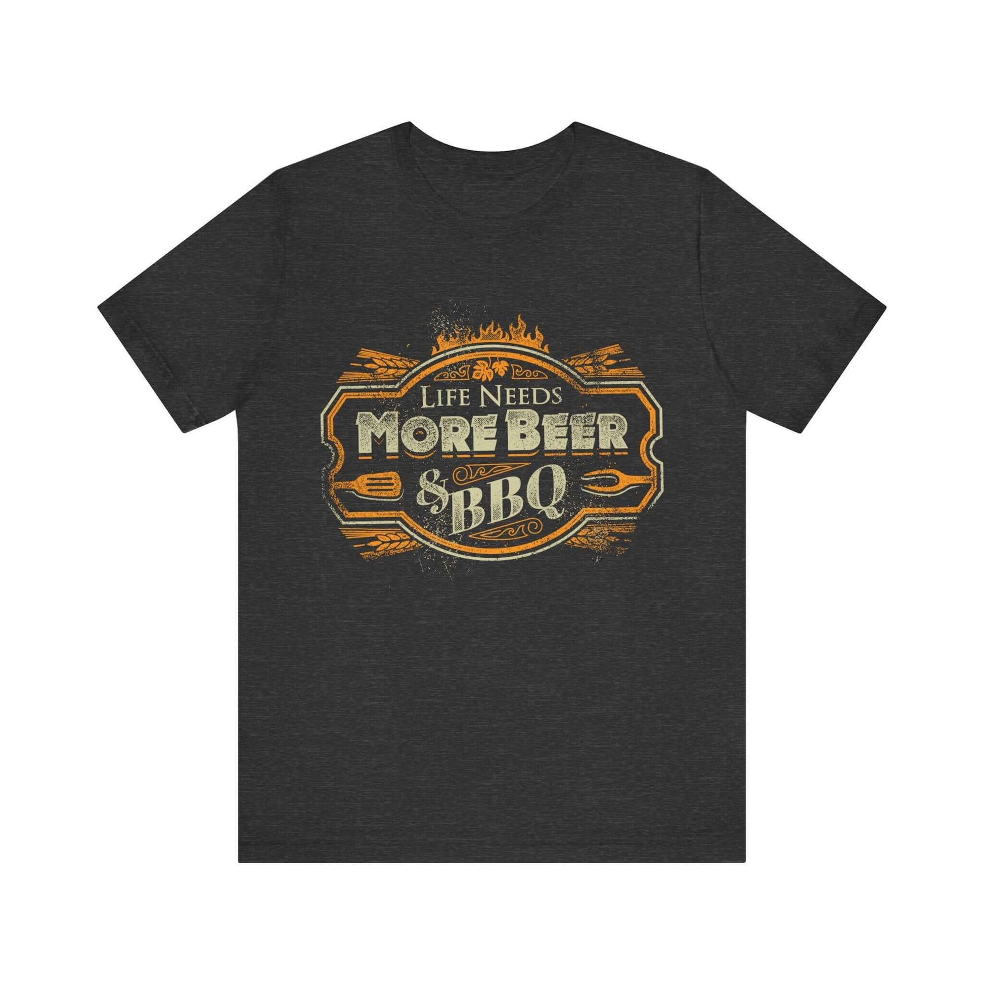 Dark heather T-shirt with crew neck and “Life Needs More Beer & BBQ” logo graphic
