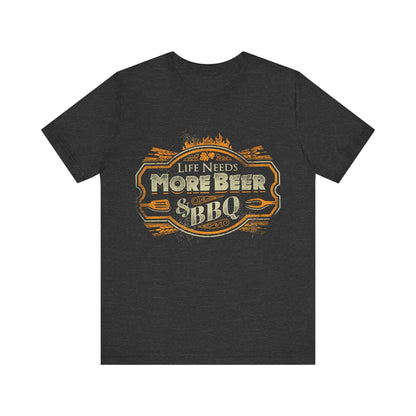 Dark heather T-shirt with crew neck and “Life Needs More Beer & BBQ” logo graphic