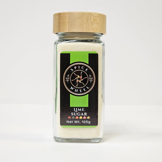 Lime sugar jar with clear glass, green label, and cork-style lid