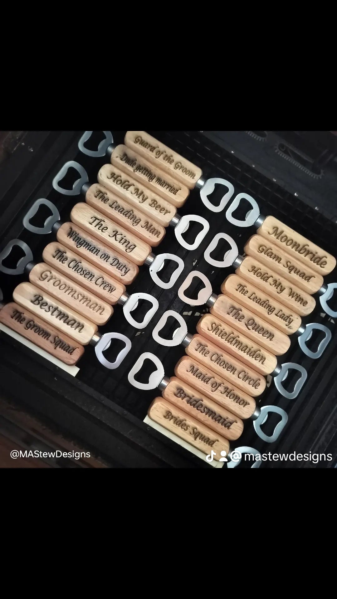Wood bottle opener set with long wooden handles, custom laser-engraved text - Actual product on hand. 