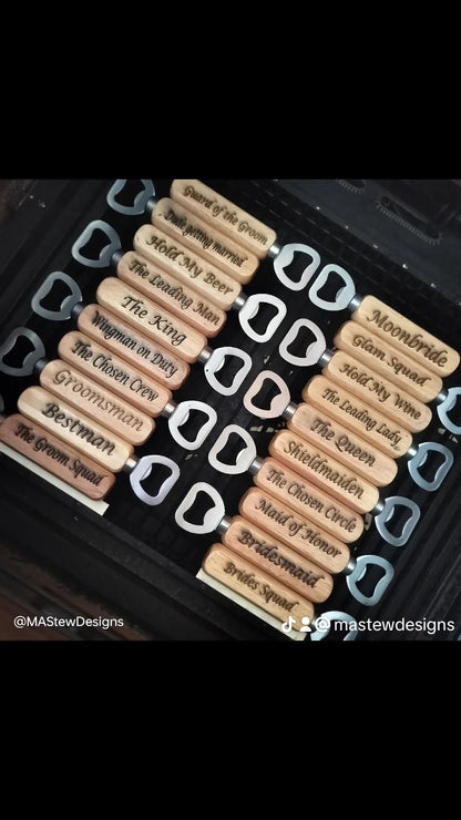 Wood bottle opener set with long wooden handles, custom laser-engraved text - Actual product on hand. 