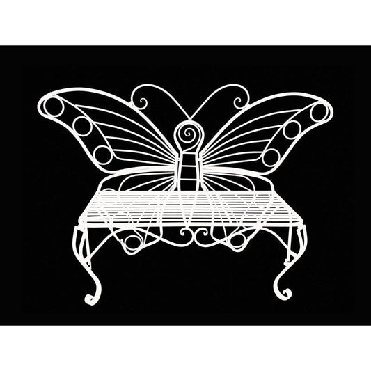 White metal butterfly garden bench, arched wing back and slatted seat