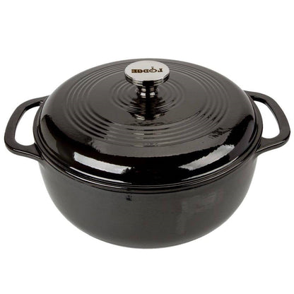 Black enamel cast iron Dutch oven with lid and side handles, glossy knob on top