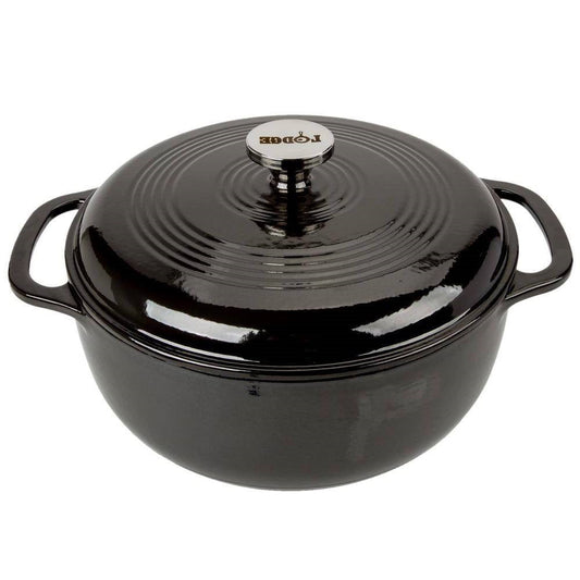 Black enamel cast iron Dutch oven with lid and side handles, glossy knob on top