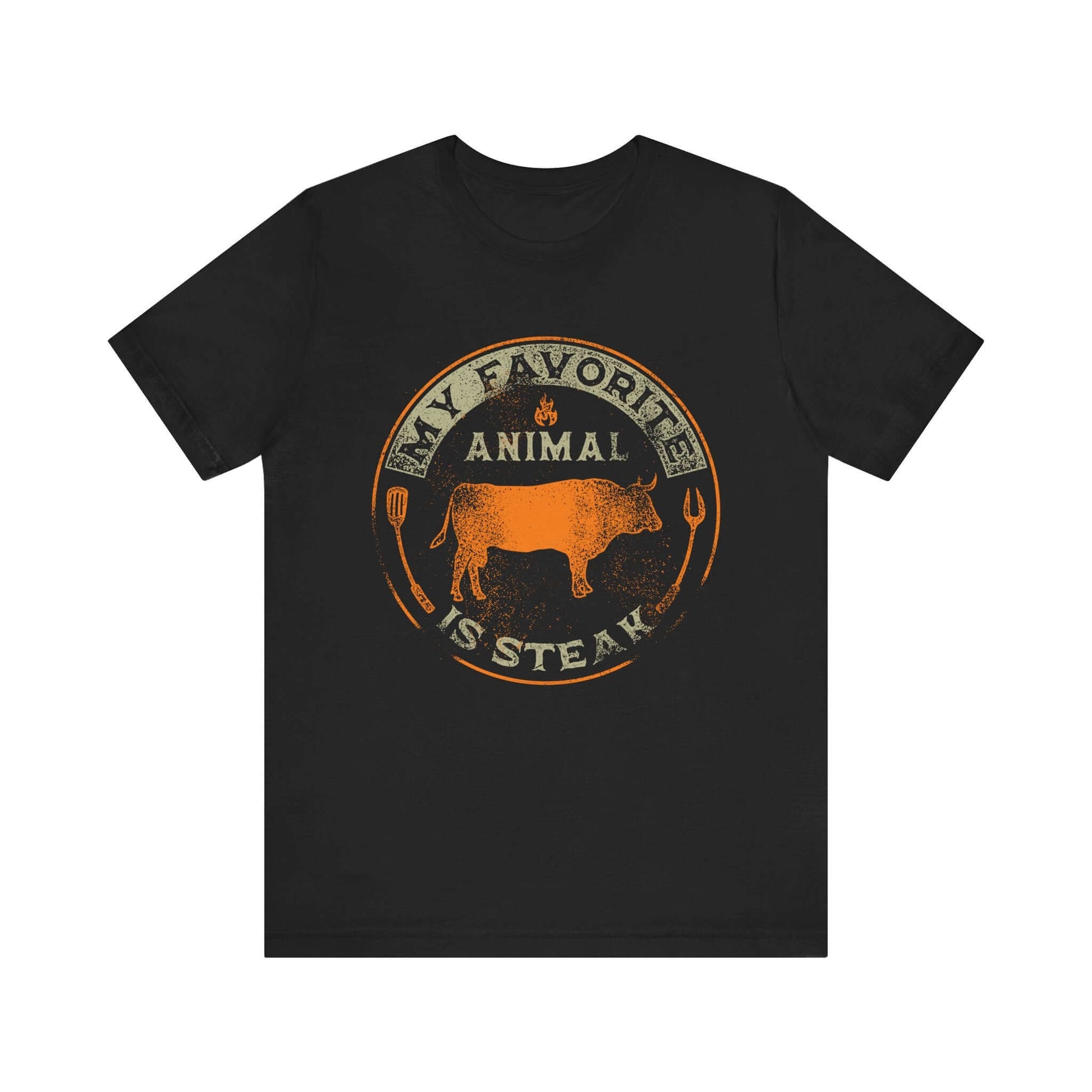 Black T-shirt with orange and tan round animal steak logo graphic