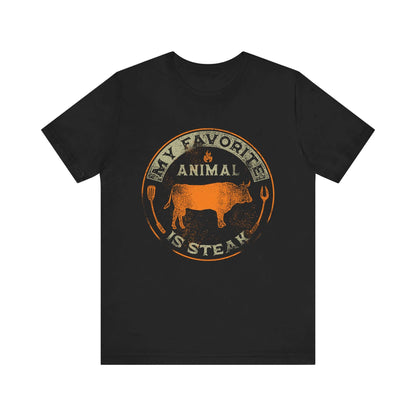 Black T-shirt with orange and tan round animal steak logo graphic