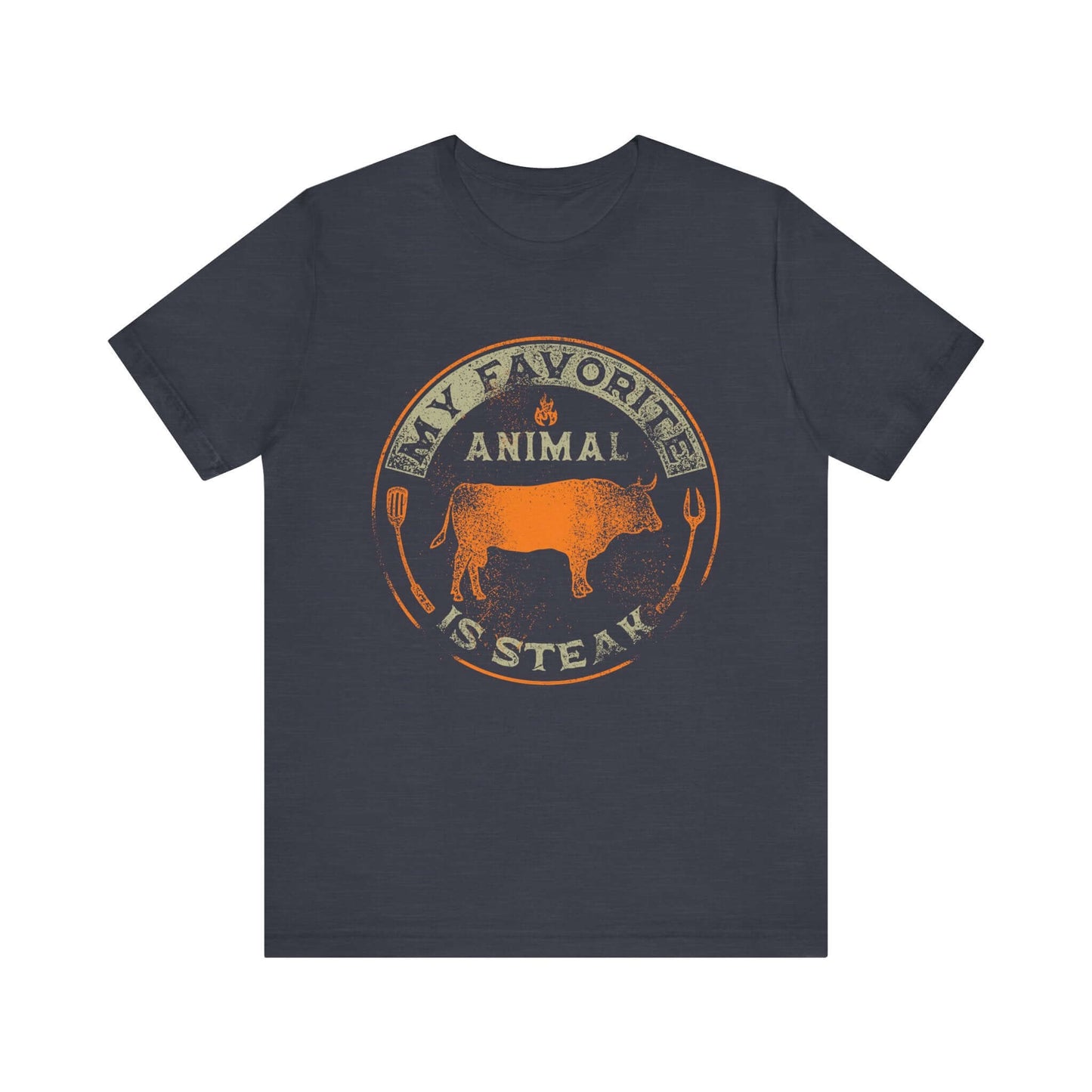 Dark midnight navy T-shirt with orange and tan round animal steak logo graphic