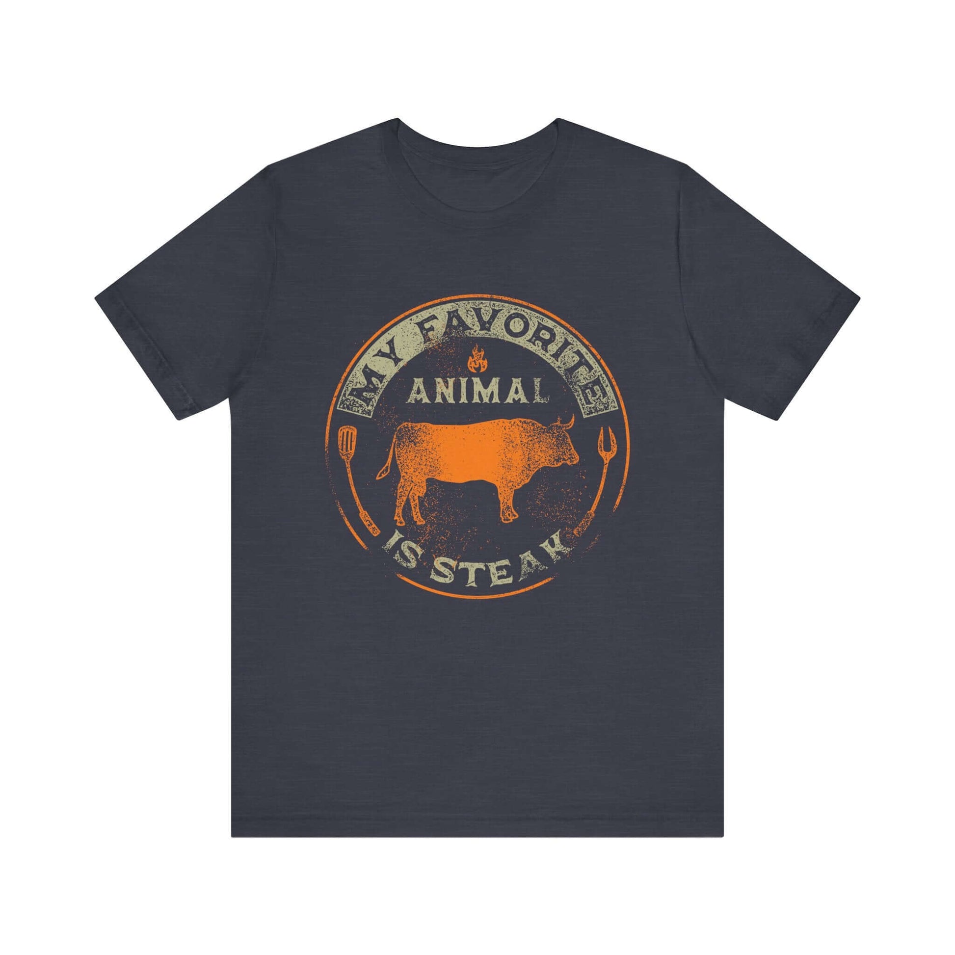 Dark midnight navy T-shirt with orange and tan round animal steak logo graphic