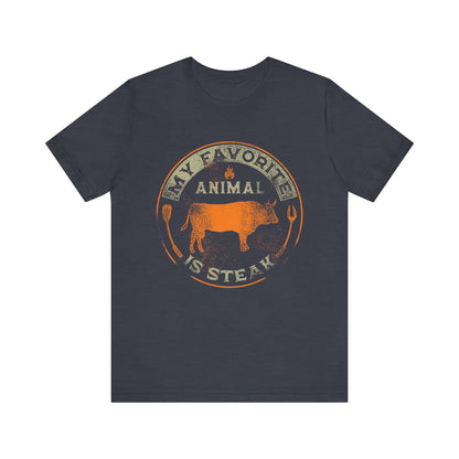 Dark midnight navy T-shirt with orange and tan round animal steak logo graphic