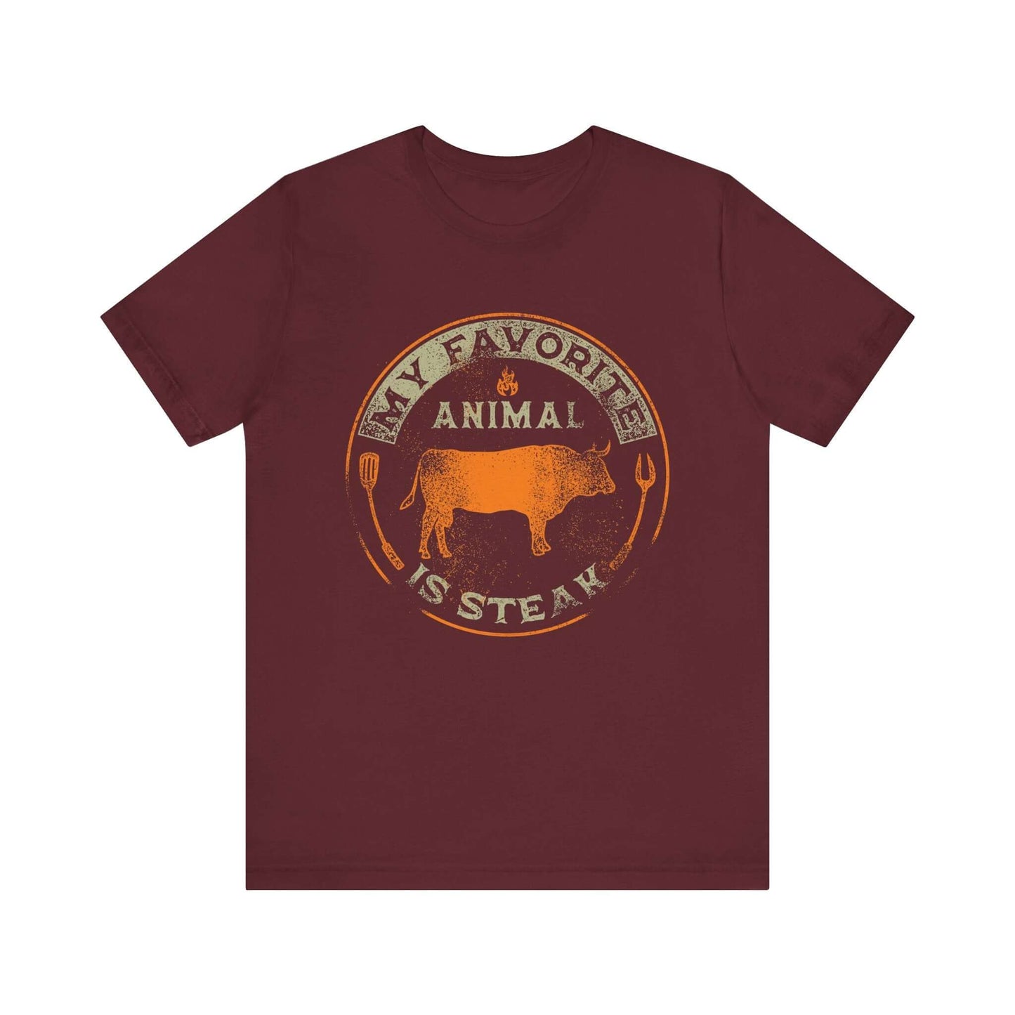 Maroon T-shirt with orange and tan round animal steak logo graphic