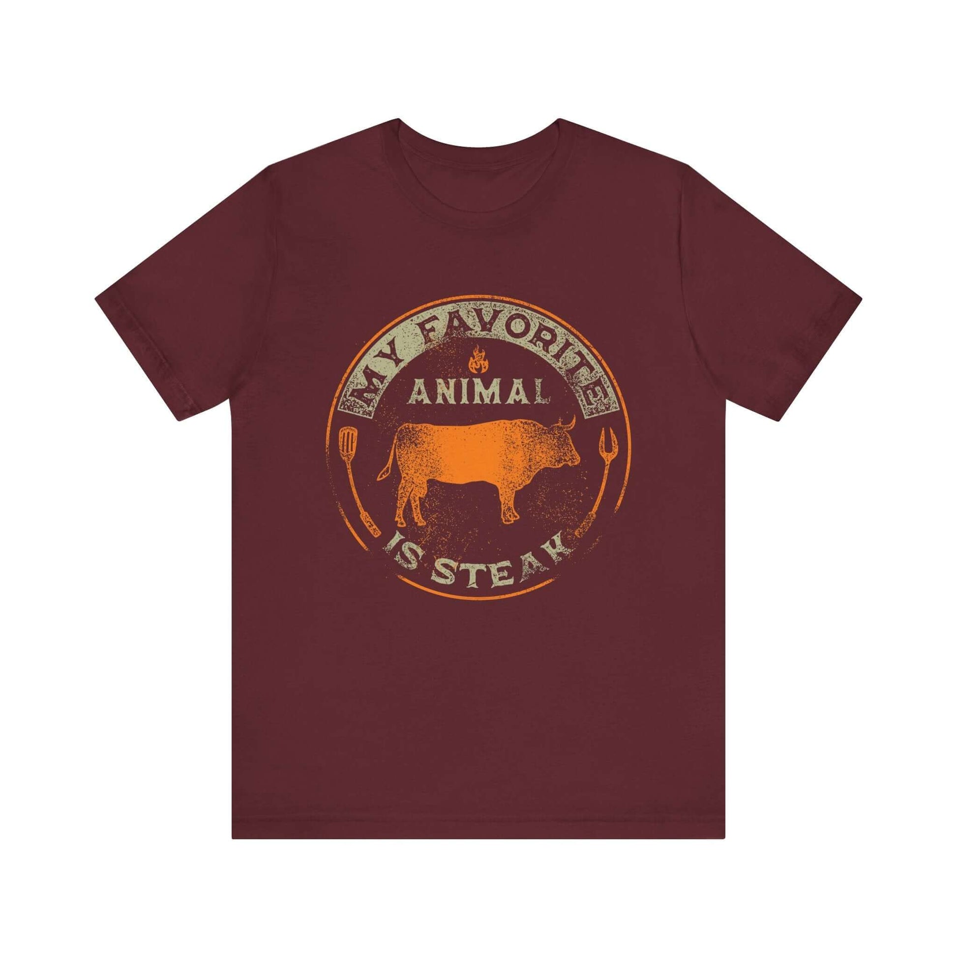 Maroon T-shirt with orange and tan round animal steak logo graphic