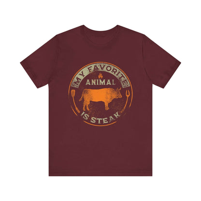 Maroon T-shirt with orange and tan round animal steak logo graphic