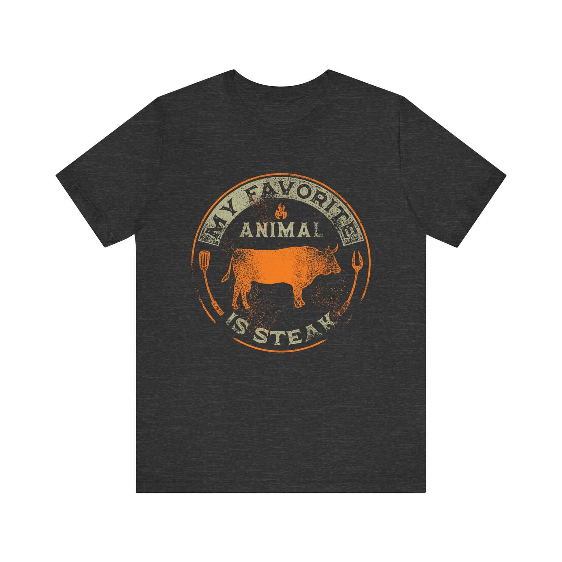 Dark gray heather T-shirt with orange and tan round animal steak logo graphic