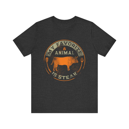 Dark gray heather T-shirt with orange and tan round animal steak logo graphic