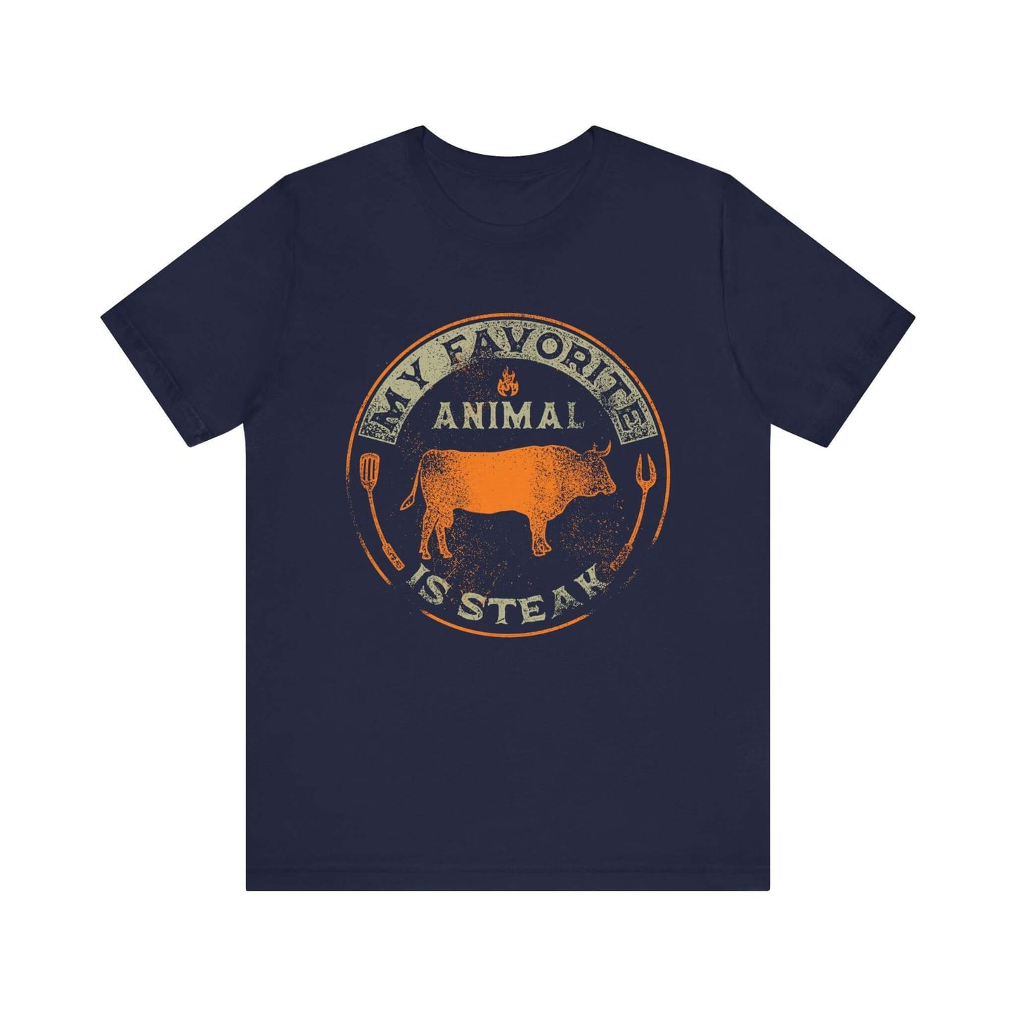 Navy T-shirt with orange and tan round animal steak logo graphic