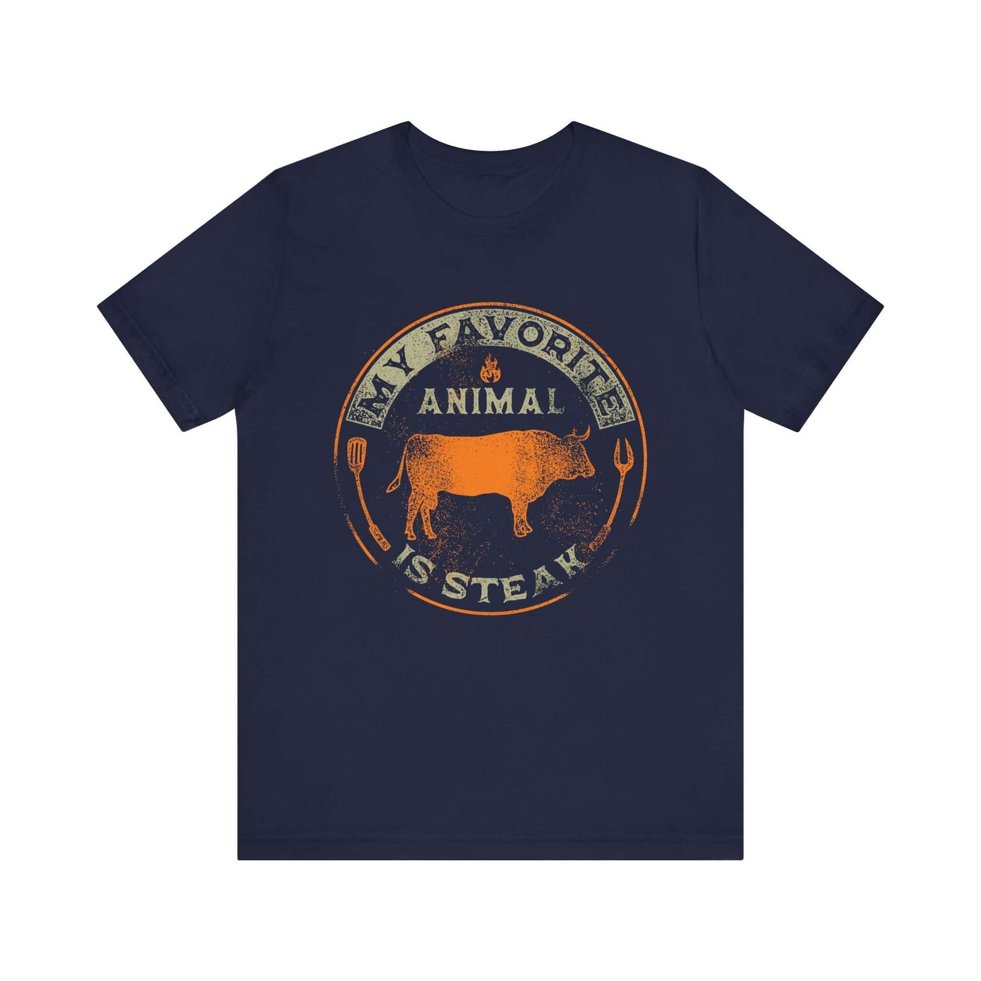 Navy T-shirt with orange and tan round animal steak logo graphic