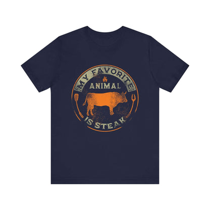 Navy T-shirt with orange and tan round animal steak logo graphic