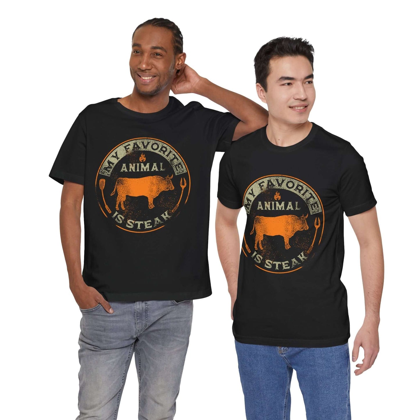 Black T-shirt with orange and tan round “My Favorite Animal is Steak” graphic