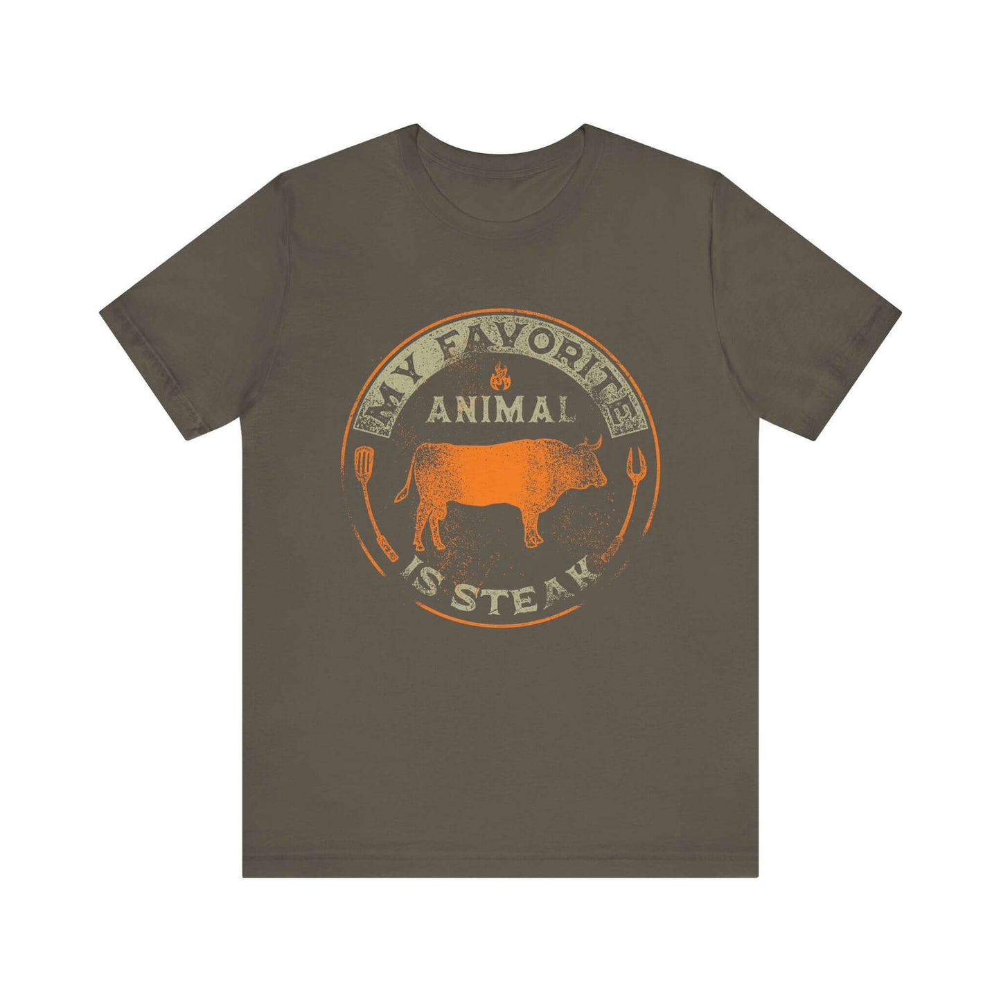 Army green T-shirt with orange and tan round animal steak logo graphic