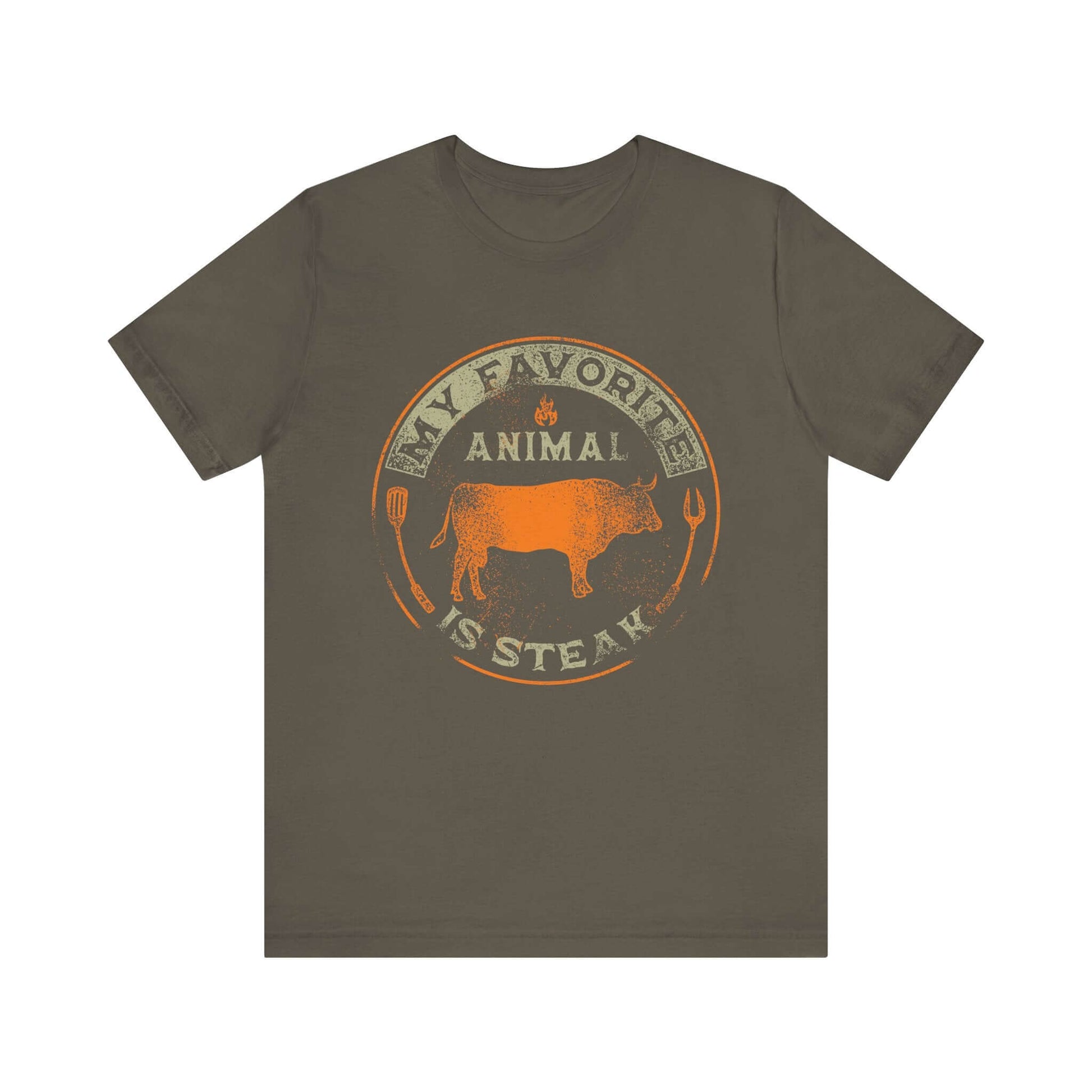 Army green T-shirt with orange and tan round animal steak logo graphic