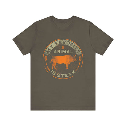 Army green T-shirt with orange and tan round animal steak logo graphic