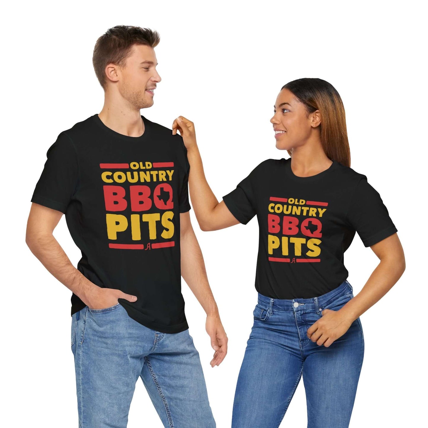 Black retro BBQ graphic T-shirt with 'Old Country BBQ Pits' logo front