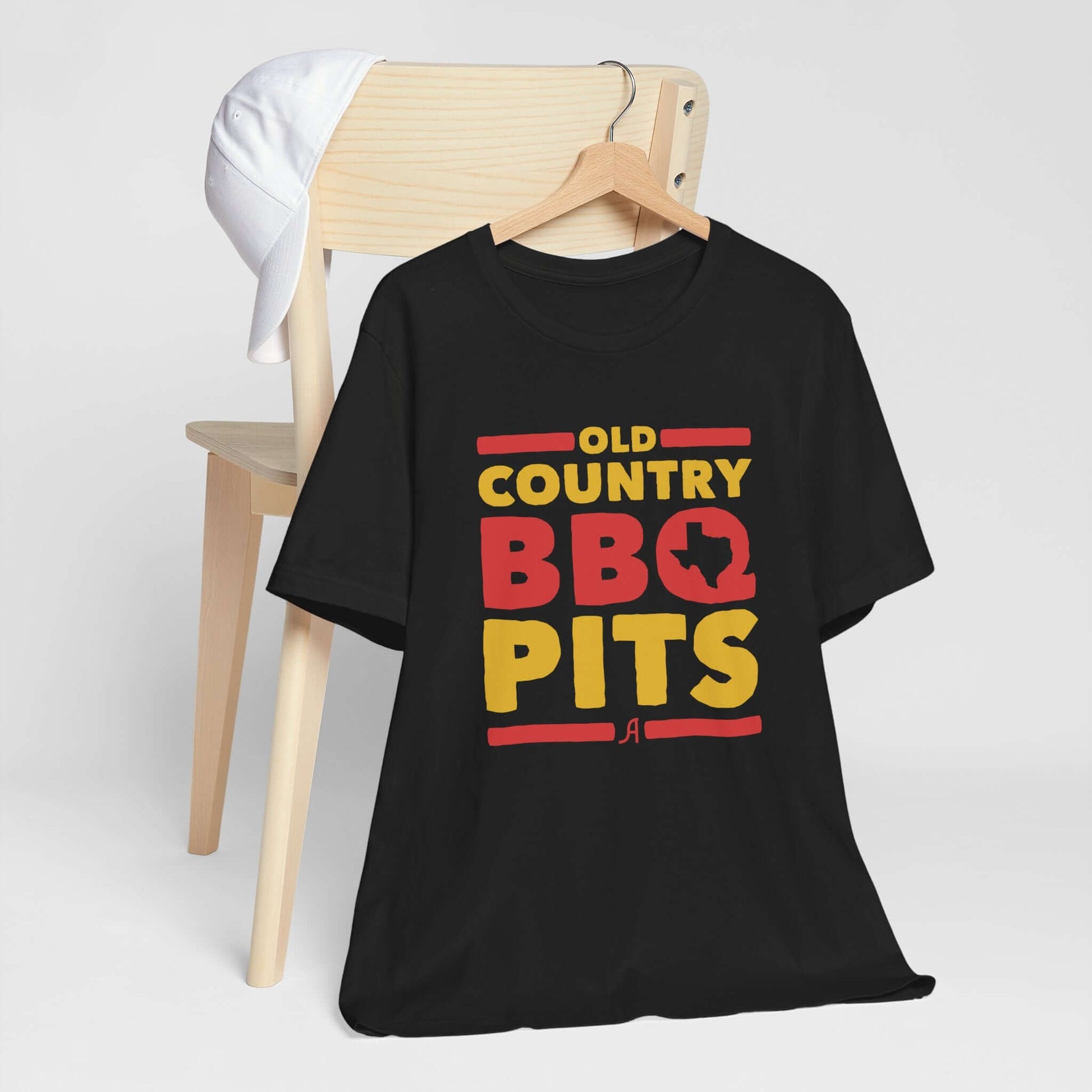 Black retro BBQ graphic T-shirt with 'Old Country BBQ Pits' logo front