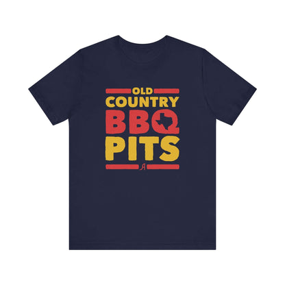 Navy retro BBQ graphic T-shirt with 'Old Country BBQ Pits' logo front