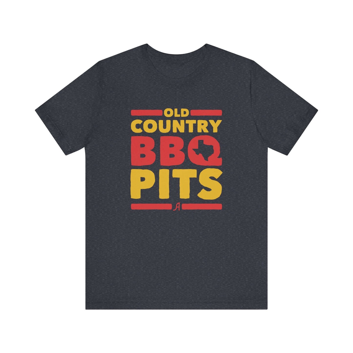 Dark grey heather retro BBQ graphic T-shirt with 'Old Country BBQ Pits' logo
