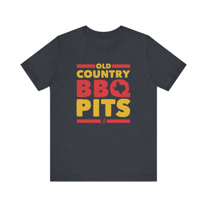 Dark grey heather retro BBQ graphic T-shirt with 'Old Country BBQ Pits' logo