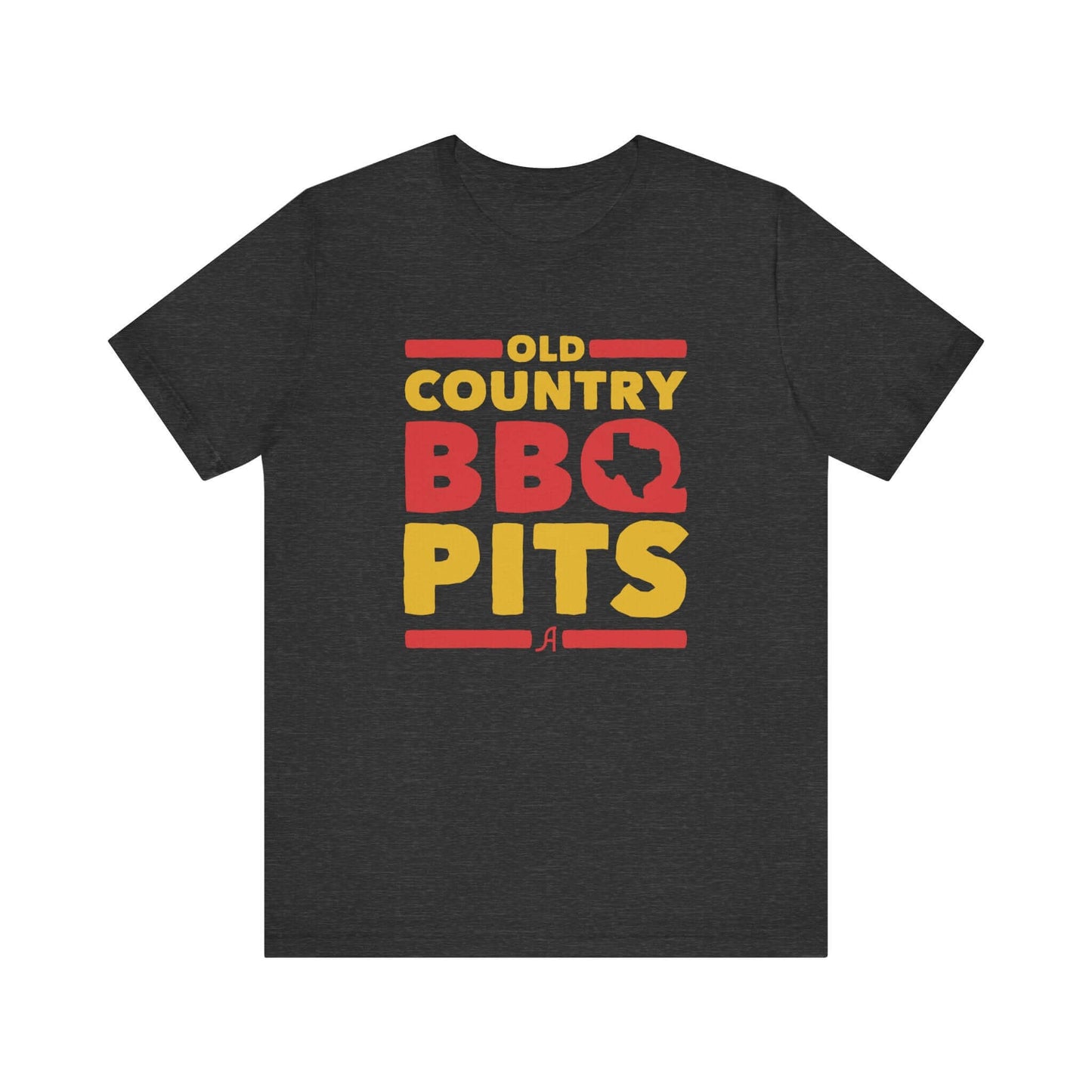 Dark charcoal retro BBQ graphic T-shirt with 'Old Country BBQ Pits' logo front