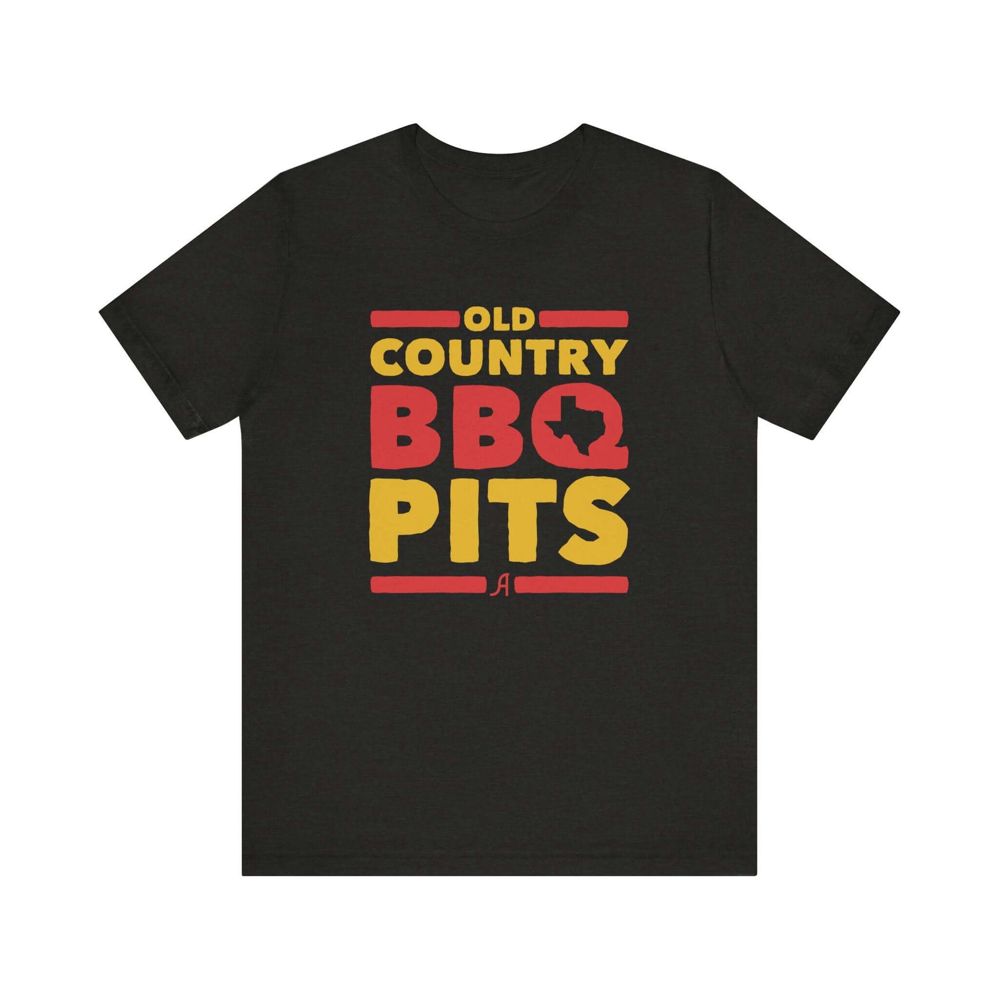 Black retro BBQ graphic T-shirt with colorful 'Old Country BBQ Pits' front print