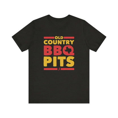 Black retro BBQ graphic T-shirt with colorful 'Old Country BBQ Pits' front print
