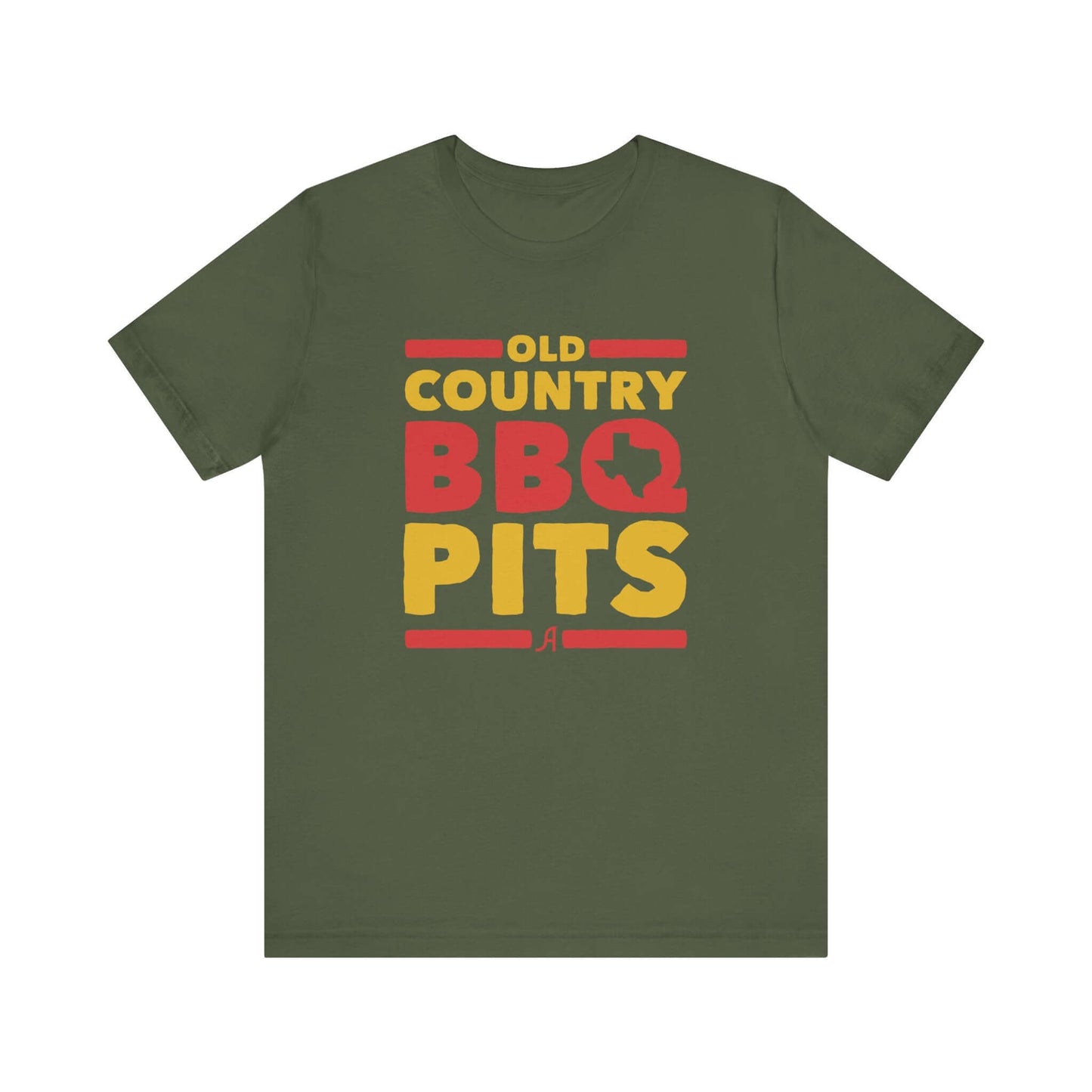 Military green retro BBQ graphic T-shirt with 'Old Country BBQ Pits' logo front