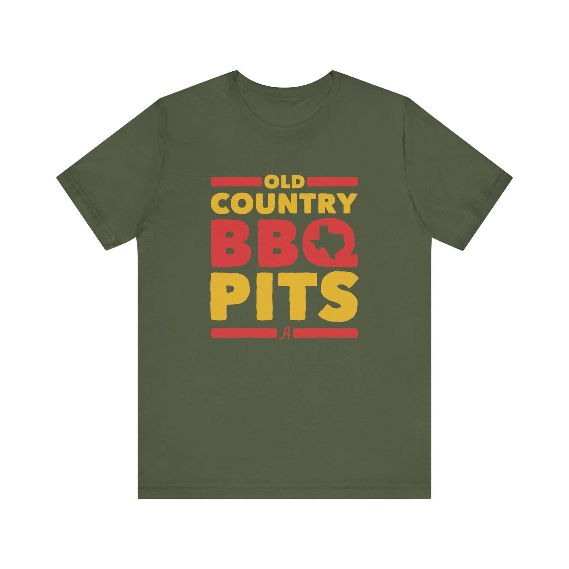 Military green retro BBQ graphic T-shirt with 'Old Country BBQ Pits' logo front
