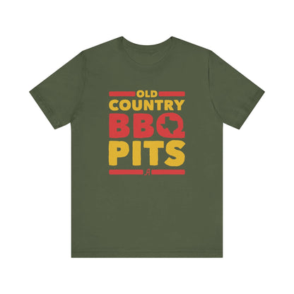 Military green retro BBQ graphic T-shirt with 'Old Country BBQ Pits' logo front